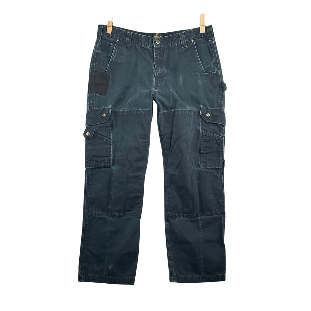 Carhartt Ripstop Cargo Pants Mens 35x28 Black Workwear Double Front Distressed